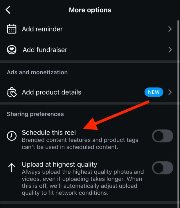 Schedule this reel button on instagram