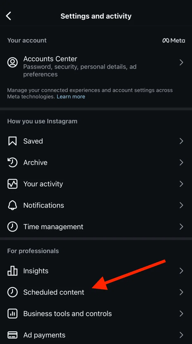 Schedule content button in instagram