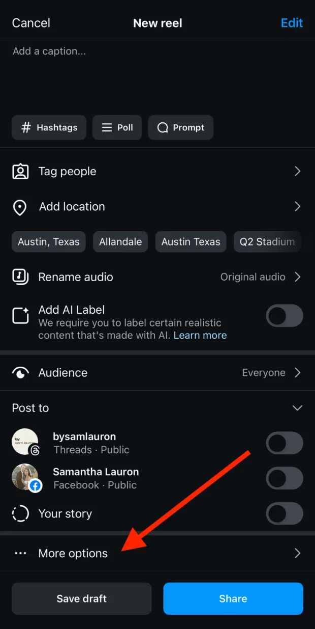 More options button in instagram