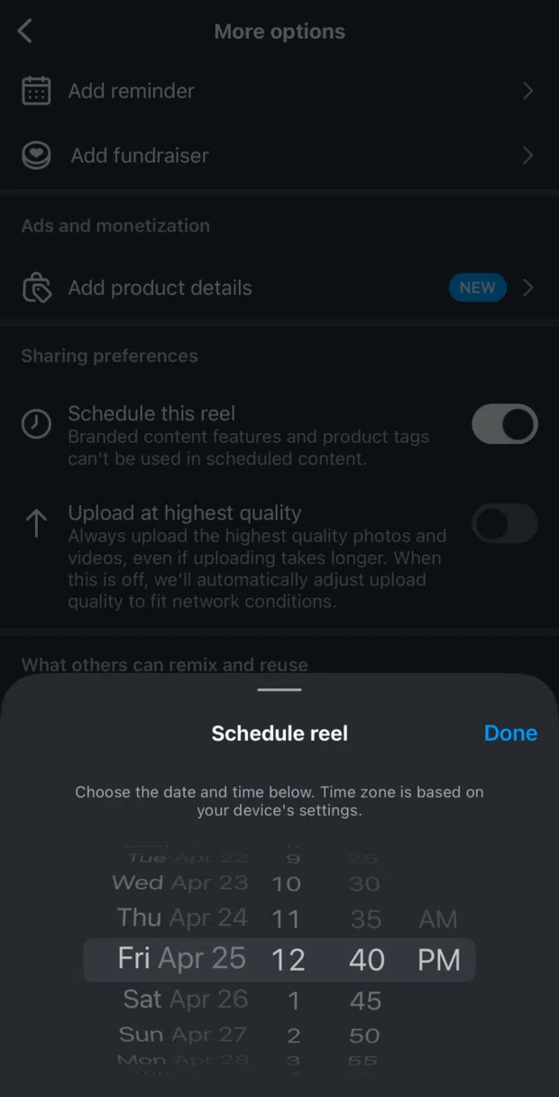 schedule instagram reel