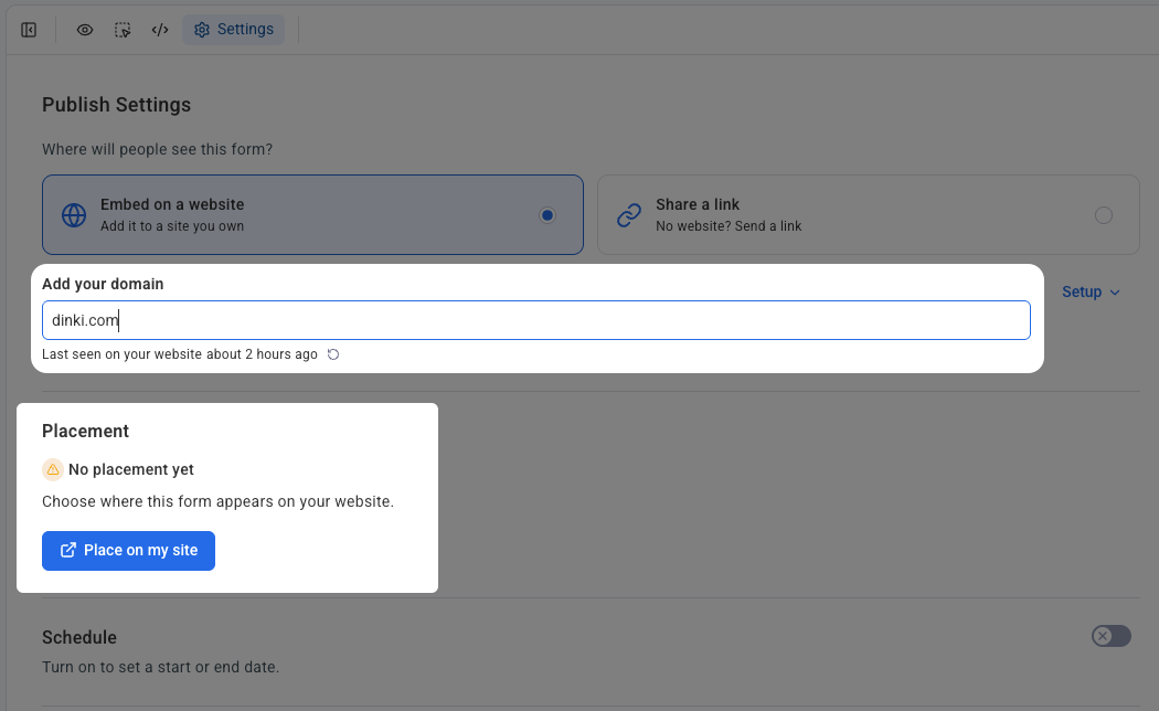 Screenshot showing where to add domain to the AWeber AI Signup Form Builder