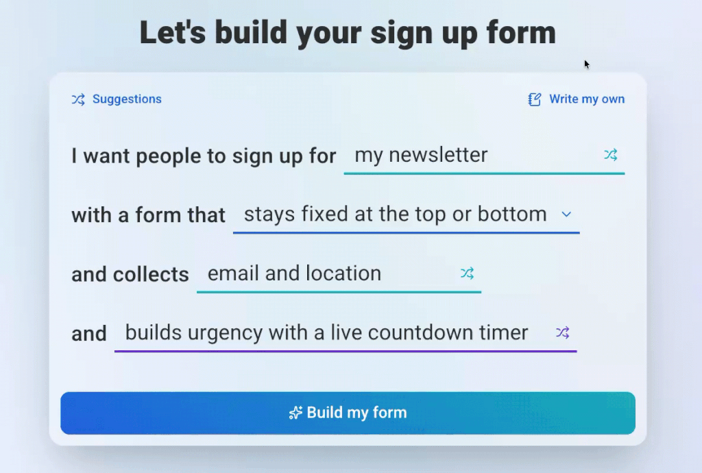 GIF showing AWeber's guided prompt for AI signup form builder