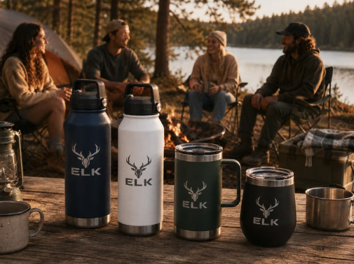 Photo of branded tumblers on scenic background