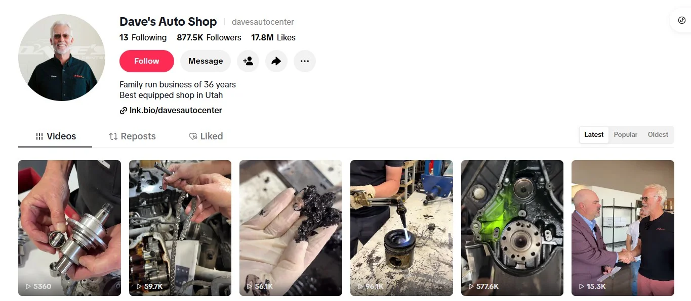 TikTok page of Dave's Auto Shop