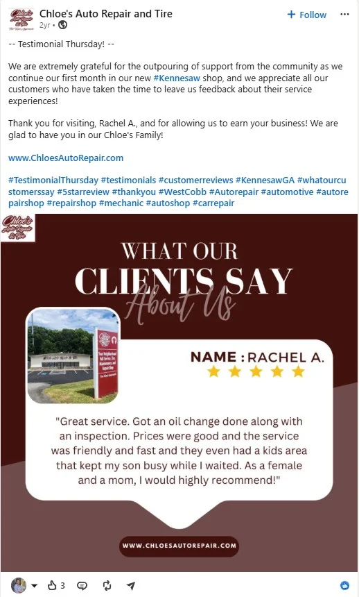 LinkedIn testimonial post by Chloe's Auto Repair and Tire