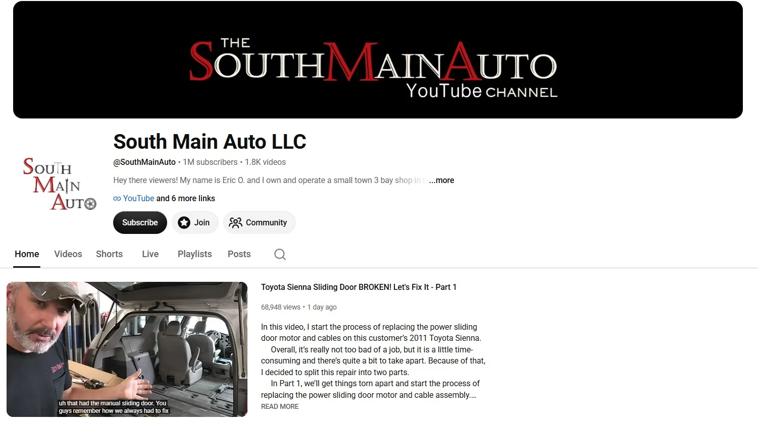 YouTube page of The South Main Auto