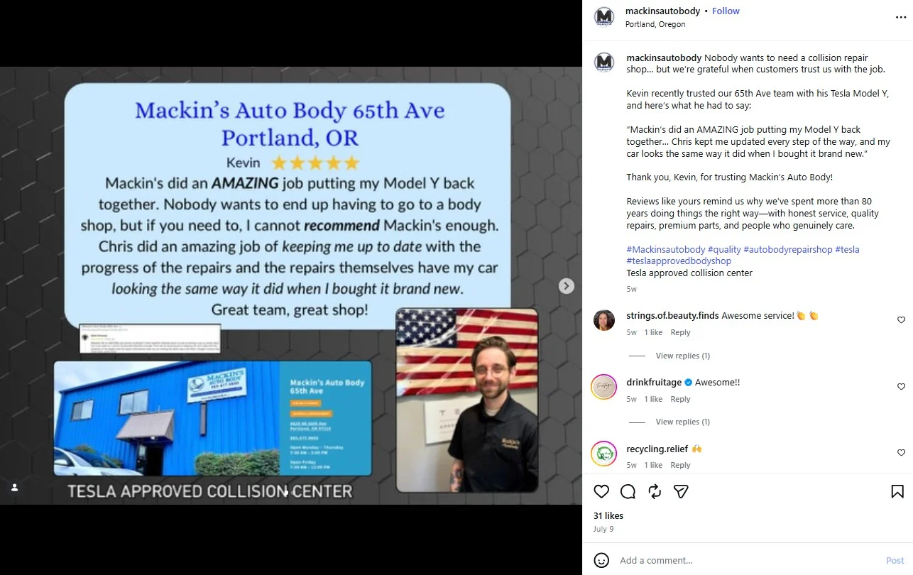 A customer review shared on Instagram by Mackin Auto Shop