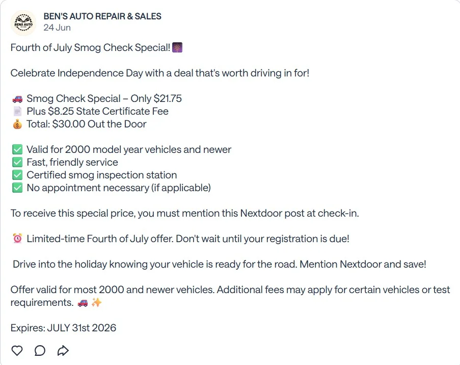 Nextdoor post by Ben's Auto Repair and Sales