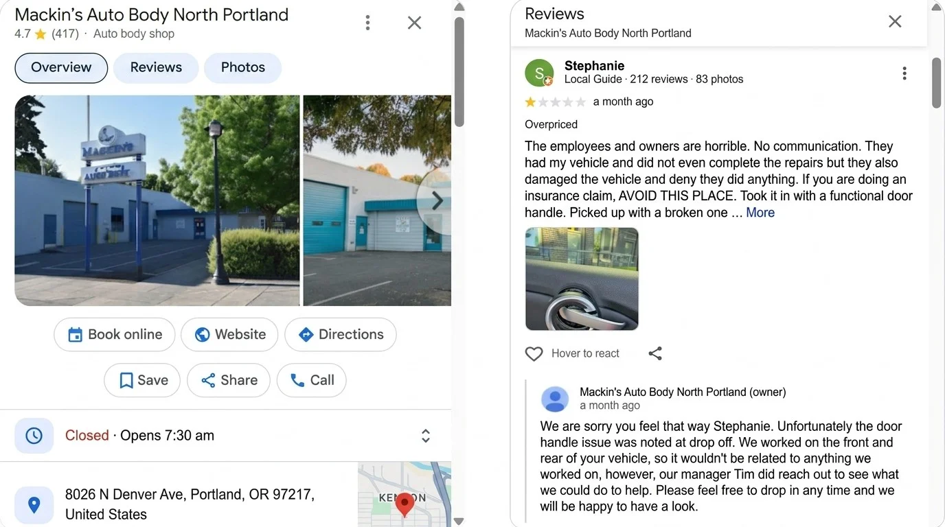 Google business profile of Mackin's auto