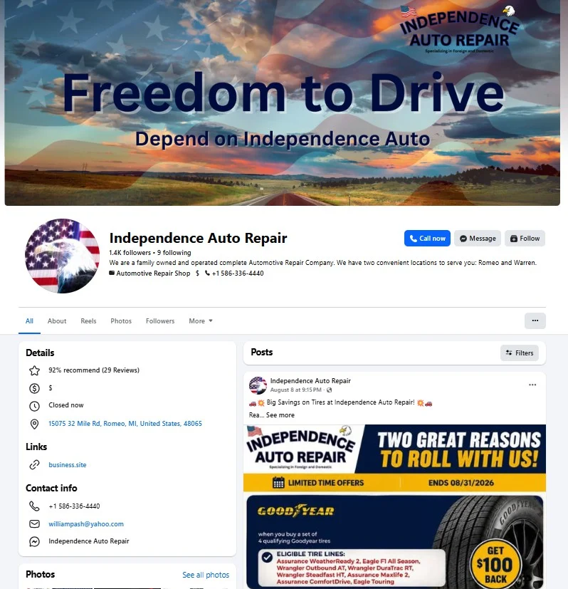 Facebook page of Independence Auto Repair
